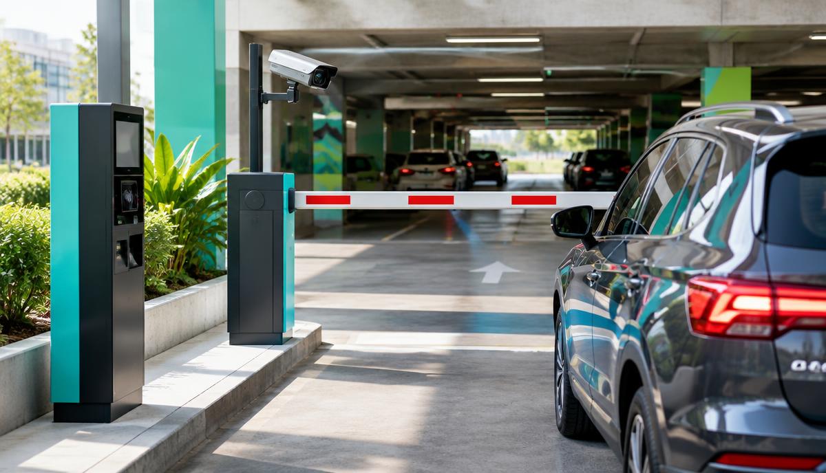 Entrada de estacionamento com cancela, câmera LPR e totem