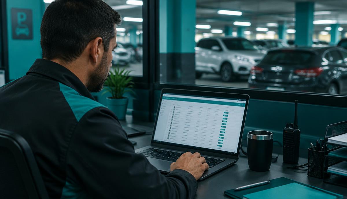 Gestor revisando a lista de mensalistas no escritório do estacionamento