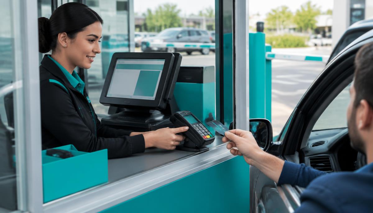 Operadora atendendo cliente no PDV do estacionamento