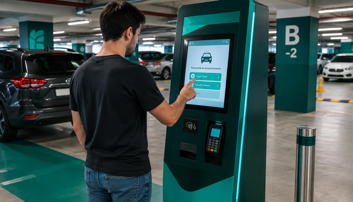 Cliente pagando o estacionamento em um totem de autoatendimento